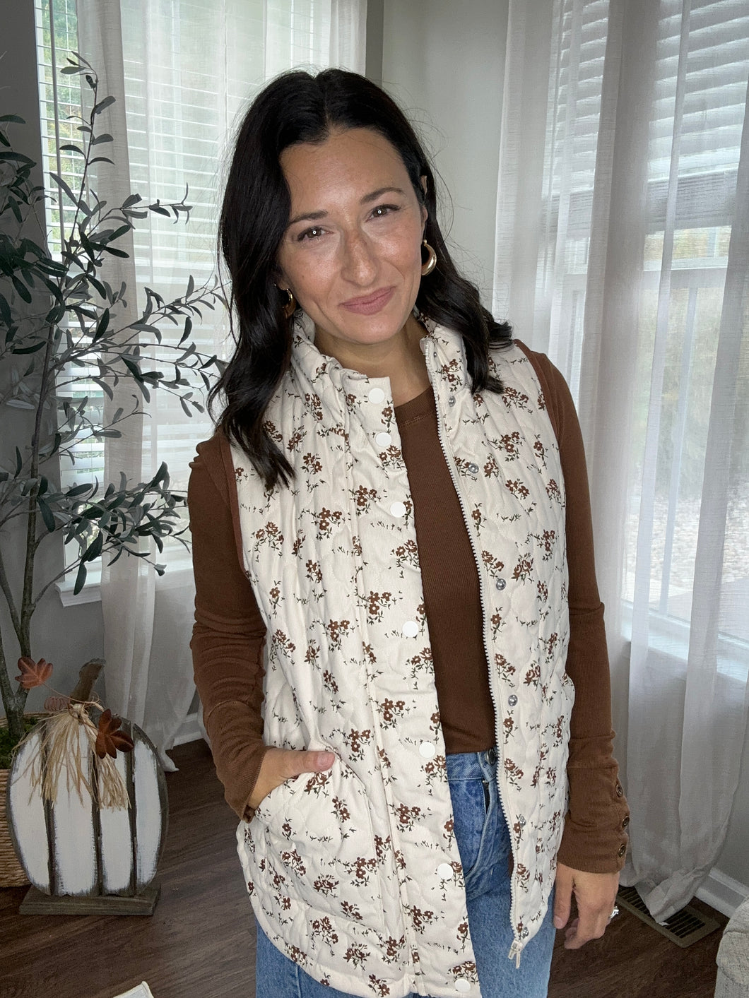 Brown Floral Quilted Vest