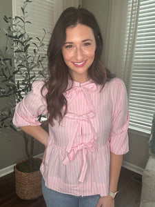 Pink Striped Bow Tie Blouse - Spicy Chic Boutique