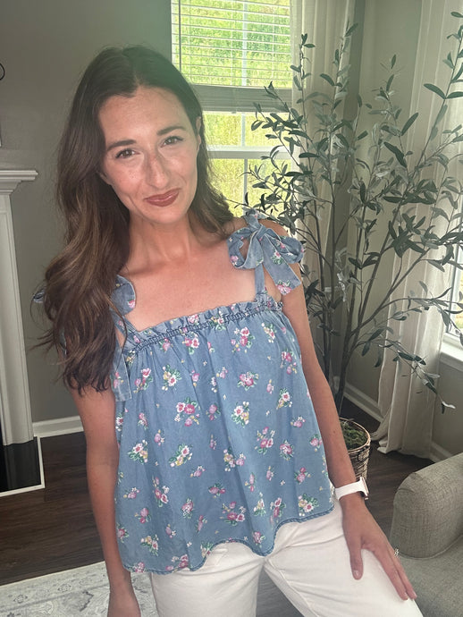 Floral Chambray Tie Sleeve Top - Spicy Chic Boutique
