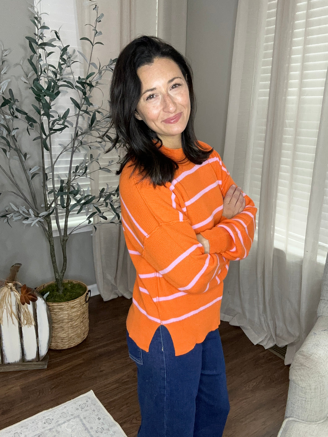 Chic Orange and Pink Striped Sweater